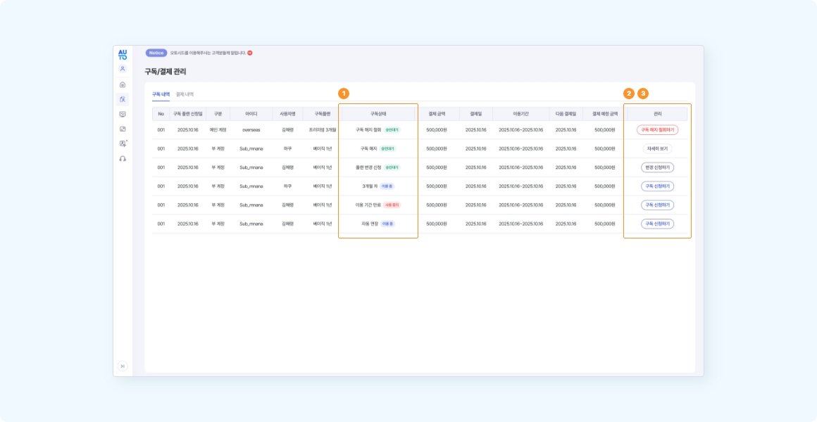 구독/결제 관리 페이지 내 구독 내역 목록